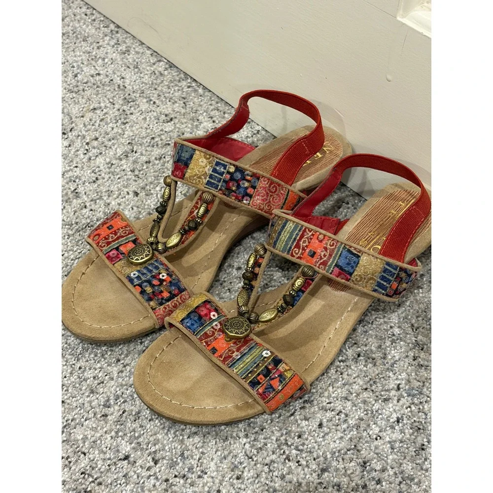New York Transit Womens Boho Patchwork Wedge Sandals Multi Color Sequin 7.5M